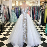 A-Line Spaghetti Straps Floor Length White Detachable Train Prom Dress with Appliques PFP1576