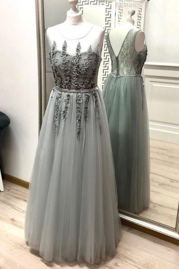 Gray A Line Tulle Appliques Prom Dresses, Long Cheap Prom Gown