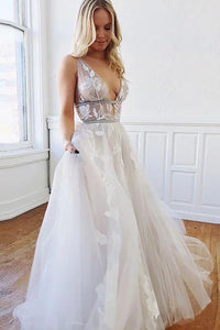 A Line Deep V-Neck Backless White Tulle Prom Dress With Appliques PFP1578