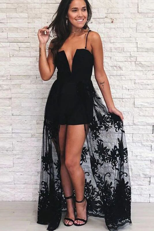 A Line Spaghetti Strap Black High Low Prom Dress With Lace PFP1579