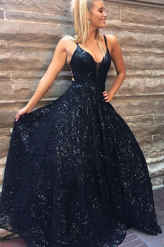 A Line Spaghetti Straps Floor Length Navy Sequined Prom Dress PFP1580