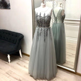 Gray A Line Tulle Appliques Prom Dresses, Long Cheap Prom Gown PFP0538