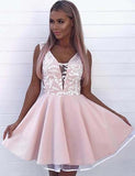 Fashion A Line V Neck Sleeveless Pink Appliques Short Homecoming Dress PFH0032
