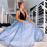 A Line Deep V-Neck Floor Length Sky Blue Prom Dress With Sequined PFP1583