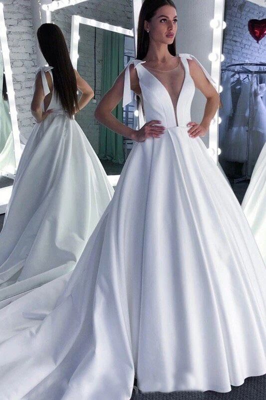 A Line Round Neck White Prom Wedding Dress With Bowknot PFP1584