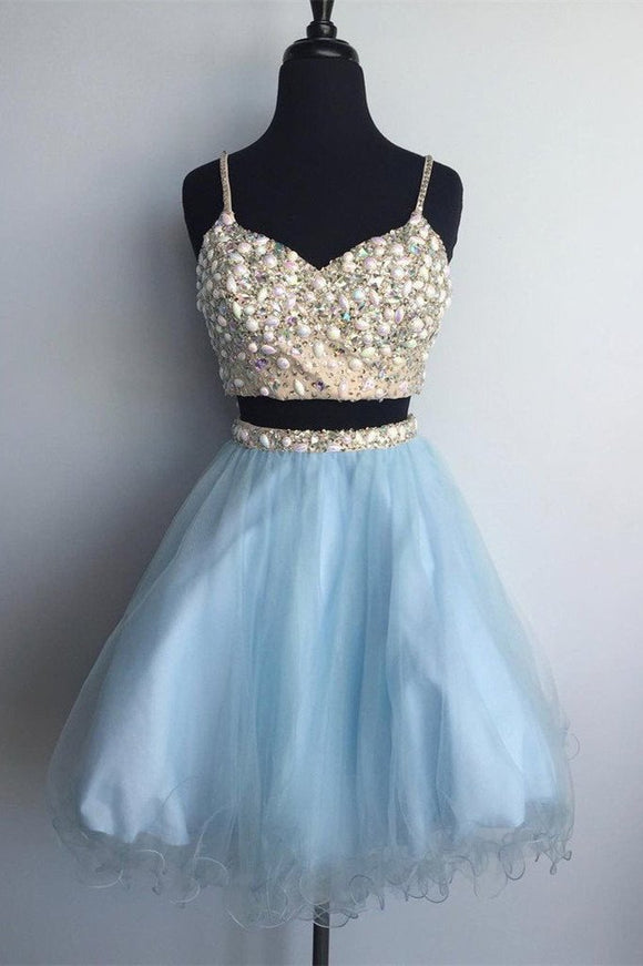 Two Piece A-line Spaghetti Strap Mini Tulle Short Homecoming Dresses PFH0033