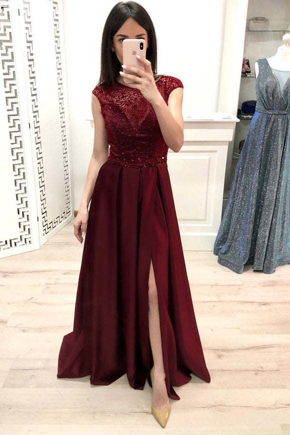 Burgundy A Line Cap Sleeves Prom Dresses, Long Beading Slit Prom Gown