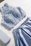 Two Piece A Line Jewel Light Sky Blue Floor Length Prom Dress With Lace Top PFP1586