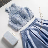 Two Piece A Line Jewel Light Sky Blue Floor Length Prom Dress With Lace Top PFP1586