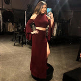 Two Piece Mermaid Cold Shoulder Long Sleeves Burgundy Prom Dress With Split PFP1587