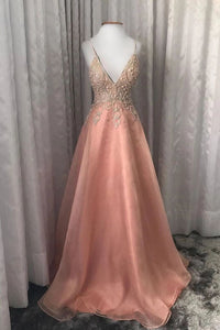 Pink V Neck Tulle Beads Long Prom Dress Spaghetti Straps Evening Dress PFP1588