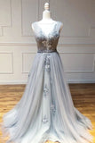 Gray A Line Round Neck Appliques Tulle Long Prom Dress Evening Dress PFP1589