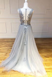 Gray A Line Round Neck Appliques Tulle Long Prom Dress Evening Dress PFP1589