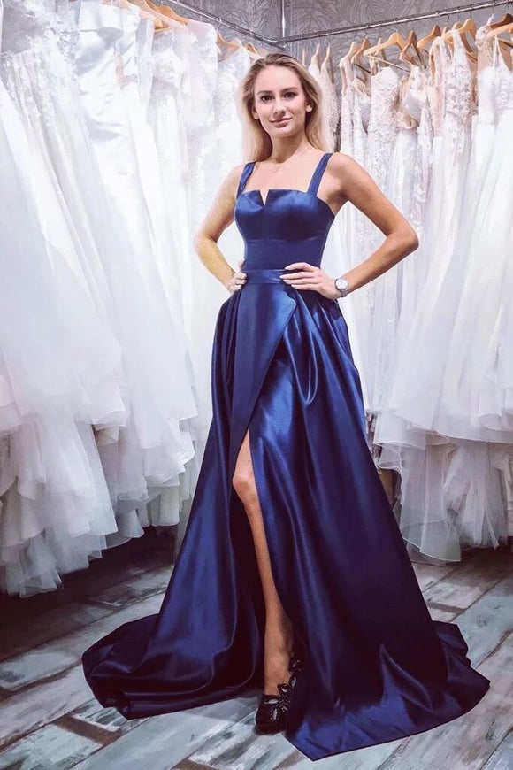 Simple Satin Blue Long Prom Dress A Line Straps Evening Dress PFP1590