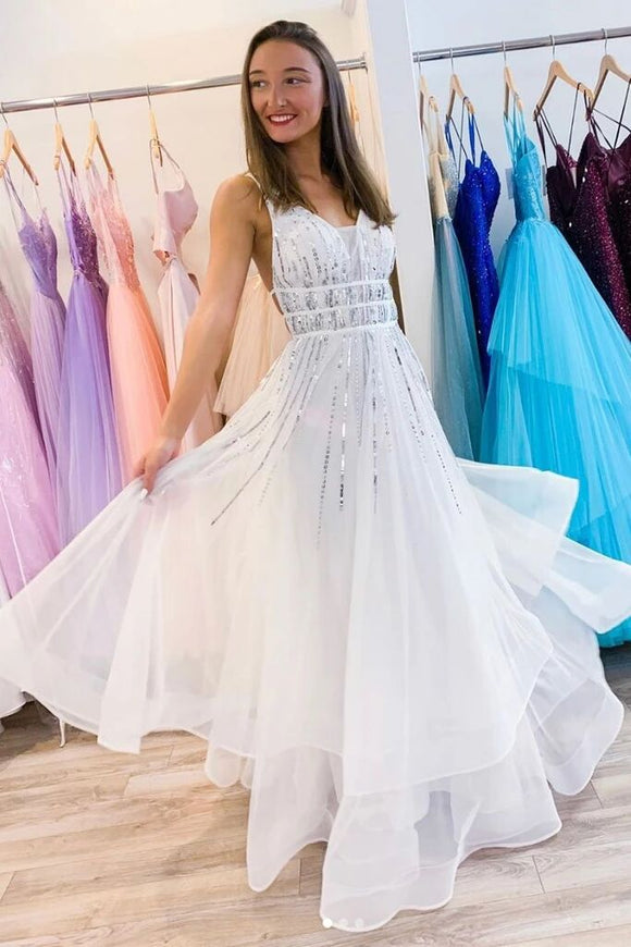 White V neck Tulle Sequina Long Prom Dress A Line Evening Dress PFP1591