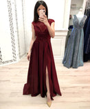 Burgundy A Line Cap Sleeves Prom Dresses, Long Beading Slit Prom Gown PFP0539