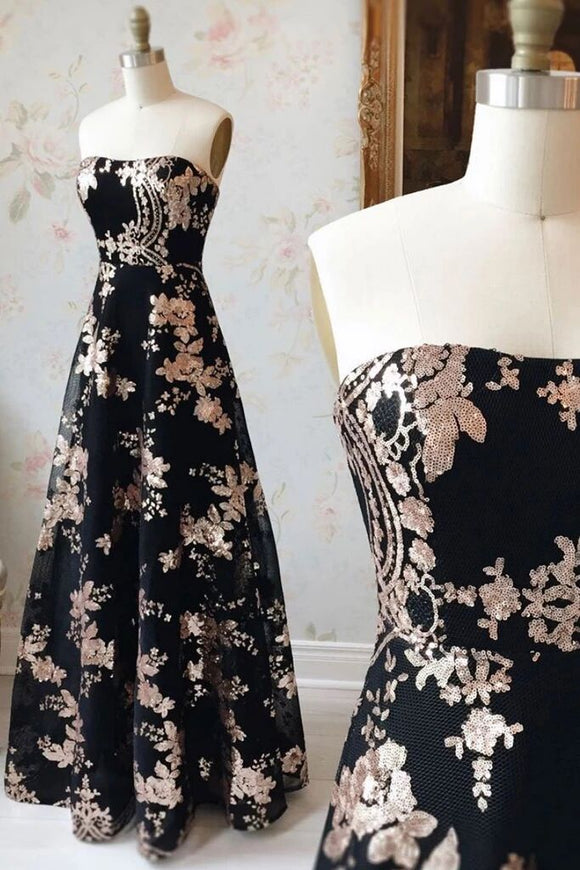 A Line Strapless Black Sequin Long Prom Dress Charming Evening Dress PFP1593