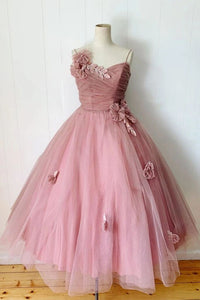 Pink Spaghetti Straps Tulle Tea Length Prom Dress Bridesmaid Dress PFP1594