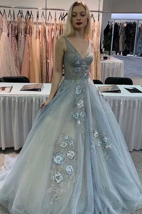 Gray V Neck Tulle Lace Appliques Long Prom Dress Formal Evening Dress PFP1595
