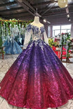 Ball Gown Long Sleeves Sequins Ombre Prom Dress, Pretty Quinceanera Dress PFP1596