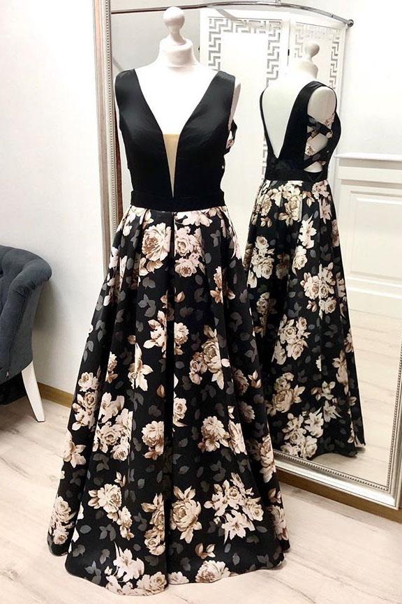A Line V Neck Floral Prom Dresses, Long Black Prom Gown