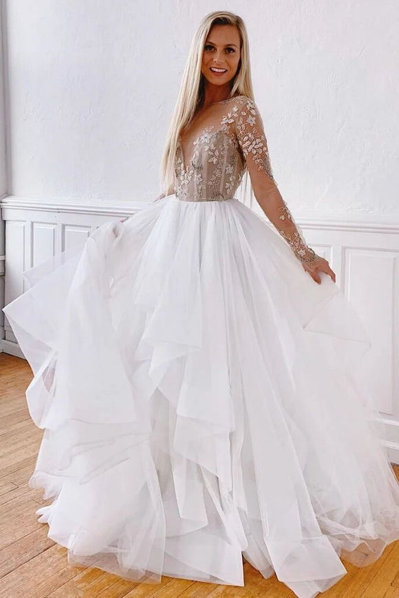 White A Line Tulle Appliques Long Sleeves Prom Dress Stunning Evening Dress PFP1601