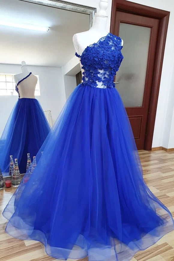A Line Tulle Lace Long Prom Dress Royal Blue Formal Evening Dress PFP1604