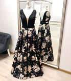 A Line V Neck Floral Prom Dresses, Long Black Prom Gown PFP0540
