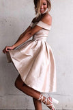 Simple A-Line Off the Shoulder High Low Satin Sleeveless Homecoming Dress PFH0036