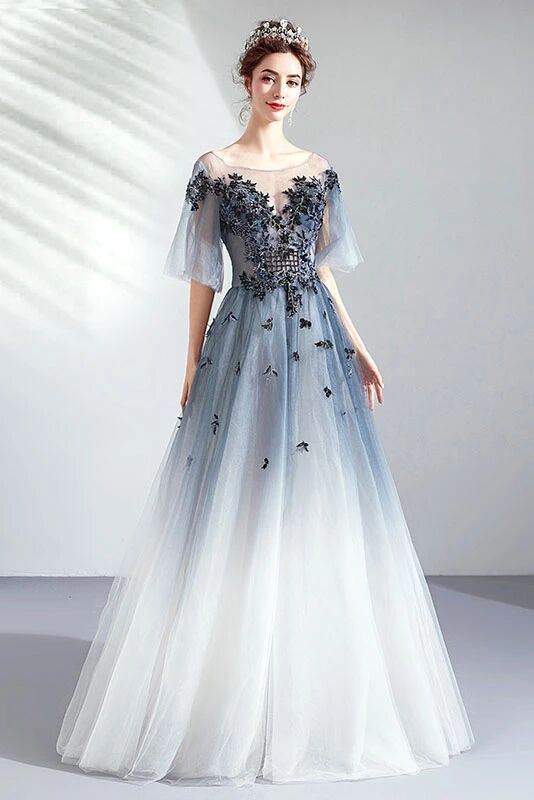 Ombre A Line Half Sleeves Tulle Round Neck Prom Dress Evening Dresses Promfast Ombre A Line Half Sleeves Tulle Round Neck Prom Dress Evening Dresses Promfast