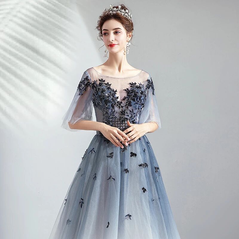Ombre A Line Half Sleeves Tulle Round Neck Prom Dress Evening Dresses –  Promfast