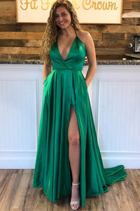 Green A Line Halter Sexy Split Prom Dresses With Pockets