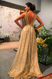 Promfast A-line Gold Sequin Empire Prom Dress Long 2020 Sweep Train PFP1807