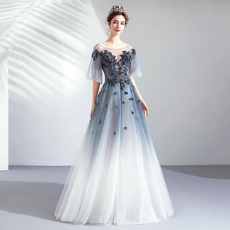 Ombre A Line Half Sleeves Tulle Round Neck Prom Dress Evening Dresses Promfast Ombre A Line Half Sleeves Tulle Round Neck Prom Dress Evening Dresses Promfast