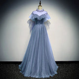 A Line High Neck Tulle Short Sleeves Prom Dress Long Evening Party Dresses PFP1609