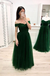 Simple A Line Off the Shoulder Prom Dresses, Long Tulle Green Prom Dress