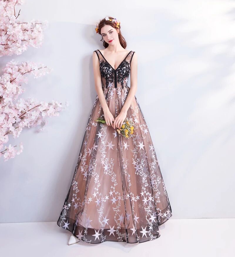 A Line V Neck Appliques Long Prom Dress With Stars Evening Dresses PFP ...