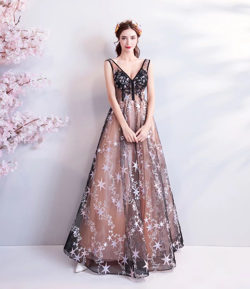 A Line V Neck Appliques Long Prom Dress With Stars Evening Dresses PFP   Promfast