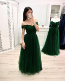 Simple A Line Off the Shoulder Prom Dresses, Long Tulle Green Prom Dress PFP0542