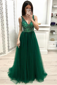 Fashion A Line V Neck Beading Prom Dresses, Long Tulle Green Prom Dress