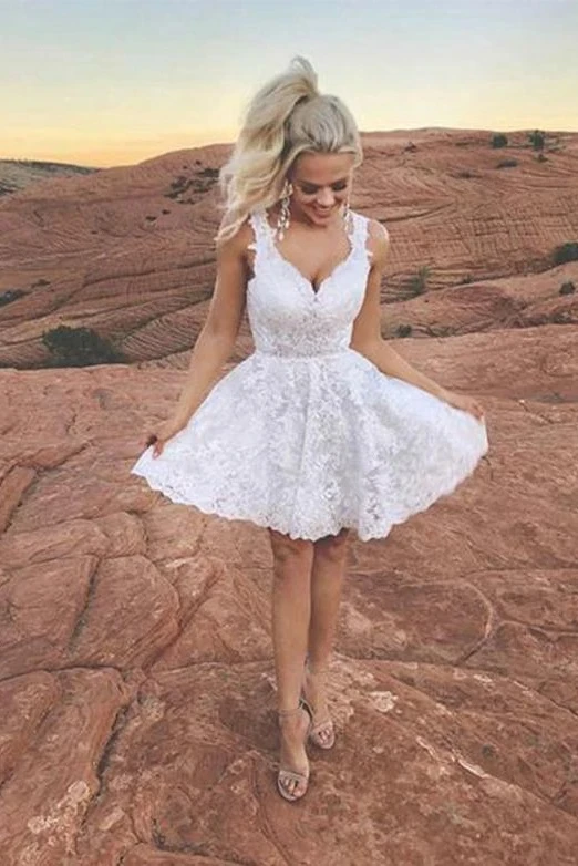 Promfast White Short Lace Homecoming Dresses V Neck Appliques Cocktail