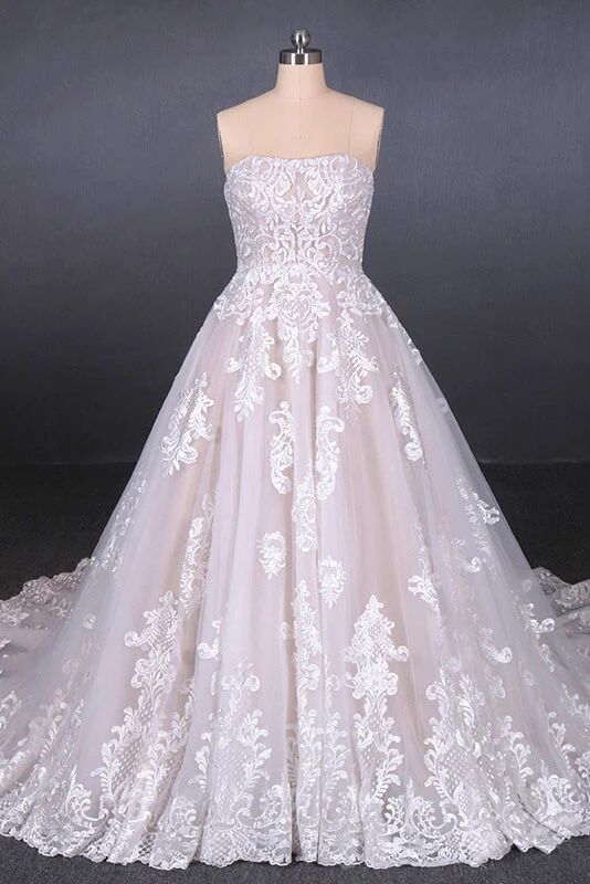 A Line Strapless Lace Appliques Wedding Dress, Cheap Bridal Dresses PFW0424
