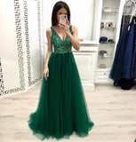 Fashion A Line V Neck Beading Prom Dresses, Long Tulle Green Prom Dress PFP0543