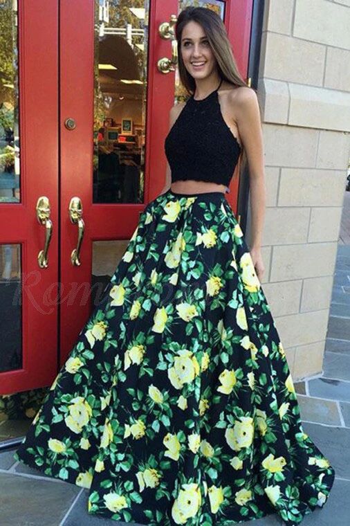 Halter Two Piece Prom Dress with Lace Pleats Floral Print Party Dress Promfast Halter Two Piece Prom Dress with Lace Pleats Floral Print Party Dress Promfast