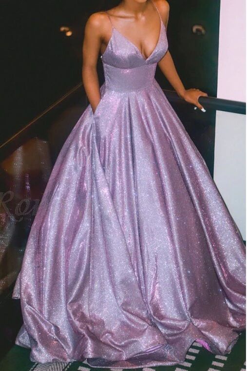 A-Line Spaghetti Straps Long Prom Dress Glitter Lilac Evening Dress PFP1616