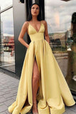 Charming A Line Spaghetti Straps Yellow Prom Dresses with Split Front PFP1619