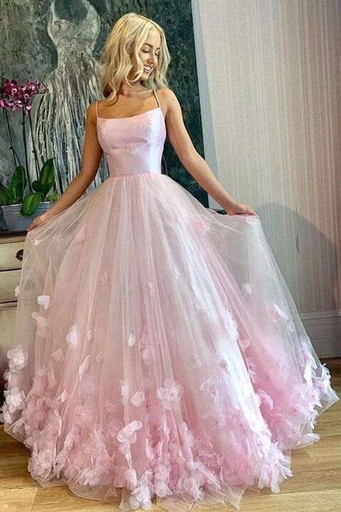 Light Pink Spaghetti Straps Long Prom Dresses, 3D Flowers Evening Dresses PFP1620