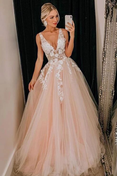 Pink Tulle V Neck Long Senior Prom Dress, Formal Dress With Applique P Promfast Pink Tulle V Neck Long Senior Prom Dress, Formal Dress With Applique P Promfast