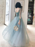 A Line Long Sleeves Round Neck Tulle Floral Appliques Prom Dresses PFP1622