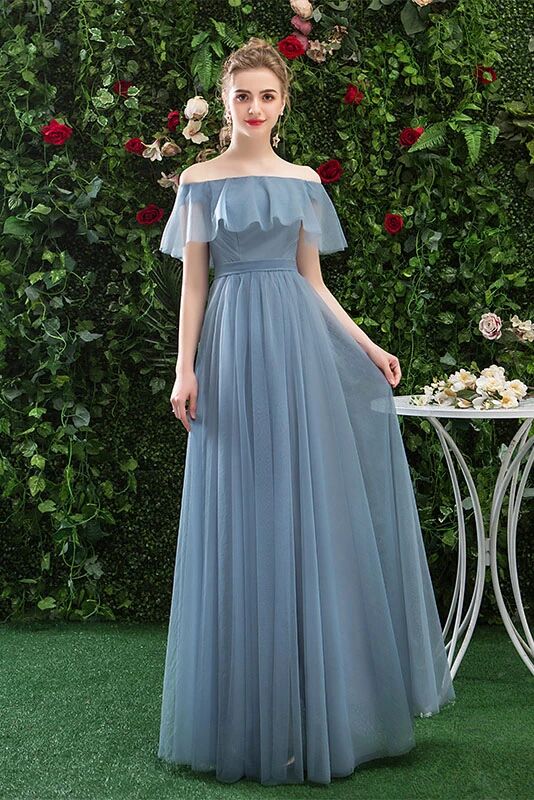 A Line Chiffon Blue Off the Shoulder Prom Dress, Long Ruffles Bridesmaid Dresses PFP1626